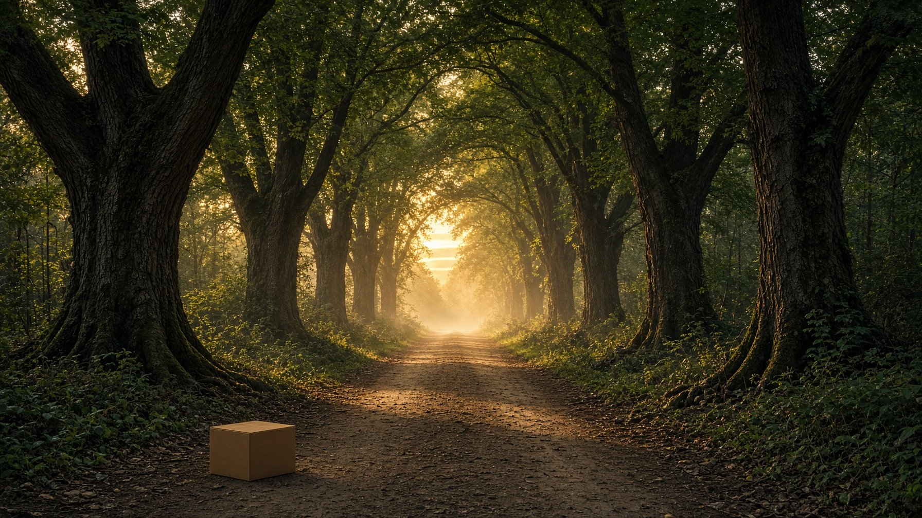 A kraft box on a forest road at dusk
