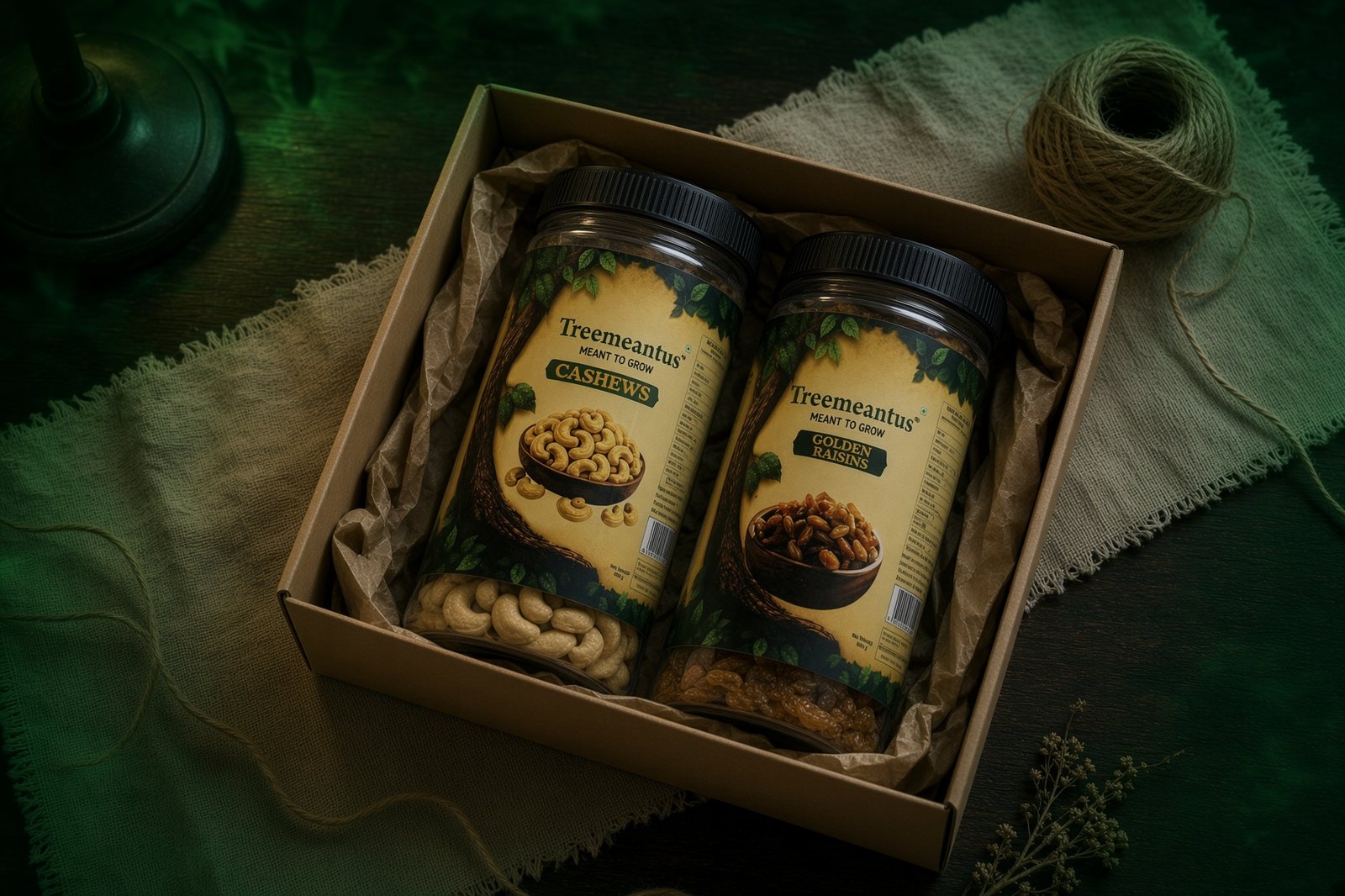 Treemeantus cashew and golden raisin jars packed in an open kraft box