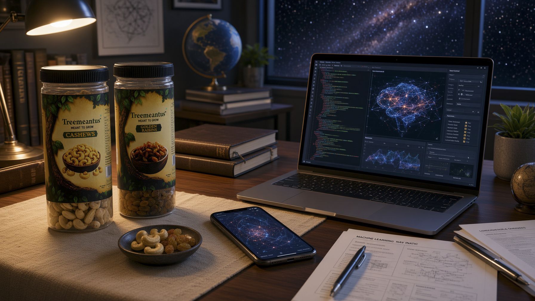 Treemeantus jars on a working desk at night